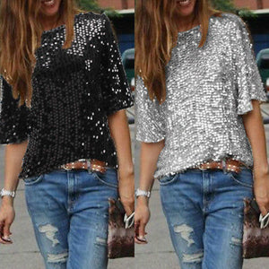 2019 New Arrival Fashion Ladies Elegant Silk Blouses Skew Collar Hot Half Sleeve Casual Sequin Shirts Casual Slim Brand Tops