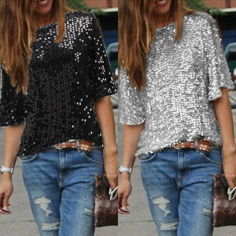 2019 New Arrival Fashion Ladies Elegant Silk Blouses Skew Collar Hot Half Sleeve Casual Sequin Shirts Casual Slim Brand Tops