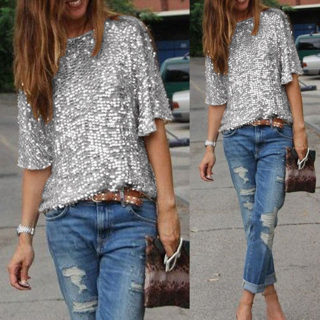 2019 New Arrival Fashion Ladies Elegant Silk Blouses Skew Collar Hot Half Sleeve Casual Sequin Shirts Casual Slim Brand Tops