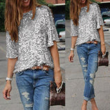 2019 New Arrival Fashion Ladies Elegant Silk Blouses Skew Collar Hot Half Sleeve Casual Sequin Shirts Casual Slim Brand Tops