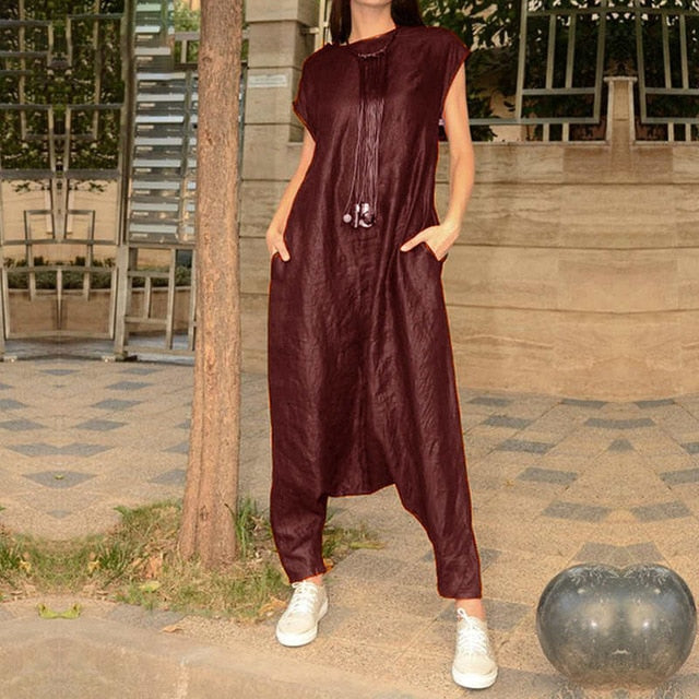 Women Jumpsuit ZANZEA 2019 Vintage Sleeveless Overalls Drop Crotch Rompers Wide Leg Trousers Long Playsuits Combinaison Femme 7