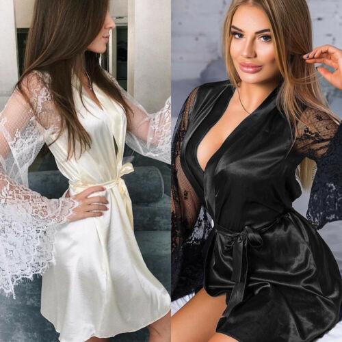 Sexy Large Size Sexy Satin Night Robe Lace Bathrobe Perfect Wedding Bride Bridesmaid Robes Dressing Gown For Women Nightwear