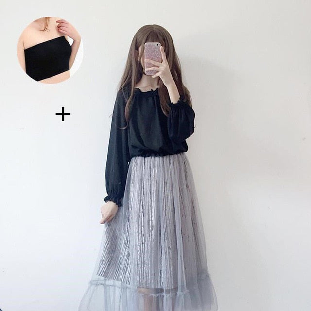 Spring ladies Lolita blouse New Japanese loose wild sweet lace lantern sleeves top women Harajuku long sleeve chiffon shirt