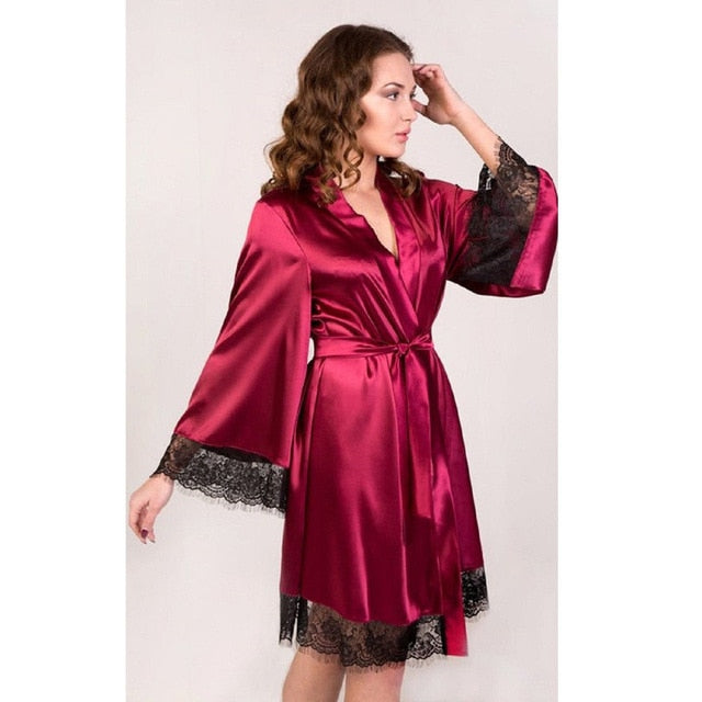 Women Satin Robe Sexy Lace Nightgown Pajamas Sleepwear Kimono Babydoll Robes