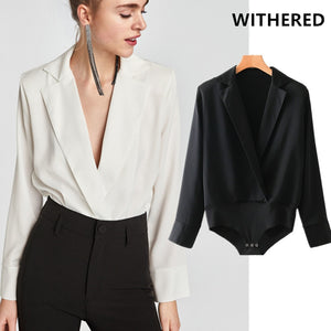 Withered  england urban office lady solid notched blusas kimono blouse shirt combinaison femme combinaison femme bodysuit women