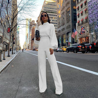 Turtleneck Lantern Sleeve Loose Women Jumpsuit Tunic Wide Leg Flare Pants Elegant Overalls Yellow White Black Combinaison Femme