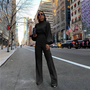 Turtleneck Lantern Sleeve Loose Women Jumpsuit Tunic Wide Leg Flare Pants Elegant Overalls Yellow White Black Combinaison Femme
