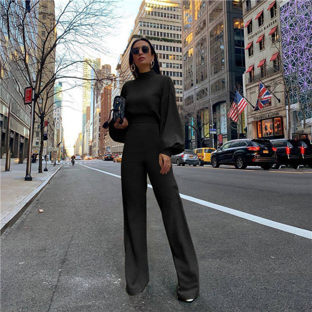Turtleneck Lantern Sleeve Loose Women Jumpsuit Tunic Wide Leg Flare Pants Elegant Overalls Yellow White Black Combinaison Femme