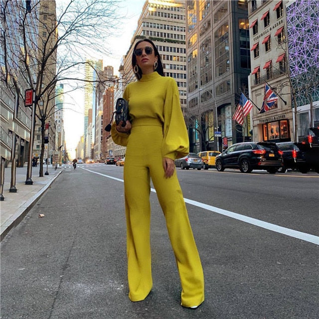 Turtleneck Lantern Sleeve Loose Women Jumpsuit Tunic Wide Leg Flare Pants Elegant Overalls Yellow White Black Combinaison Femme