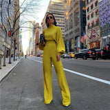 Turtleneck Lantern Sleeve Loose Women Jumpsuit Tunic Wide Leg Flare Pants Elegant Overalls Yellow White Black Combinaison Femme