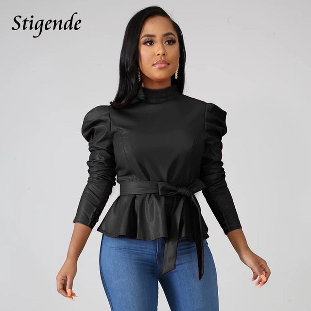 Stigende Women Long Sleeve Leather Pu Blouse Shirt Casual Solid Color Stand Neck Ruffle Shirts Autumn Faux Leather Frill Blouse