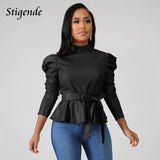 Stigende Women Long Sleeve Leather Pu Blouse Shirt Casual Solid Color Stand Neck Ruffle Shirts Autumn Faux Leather Frill Blouse