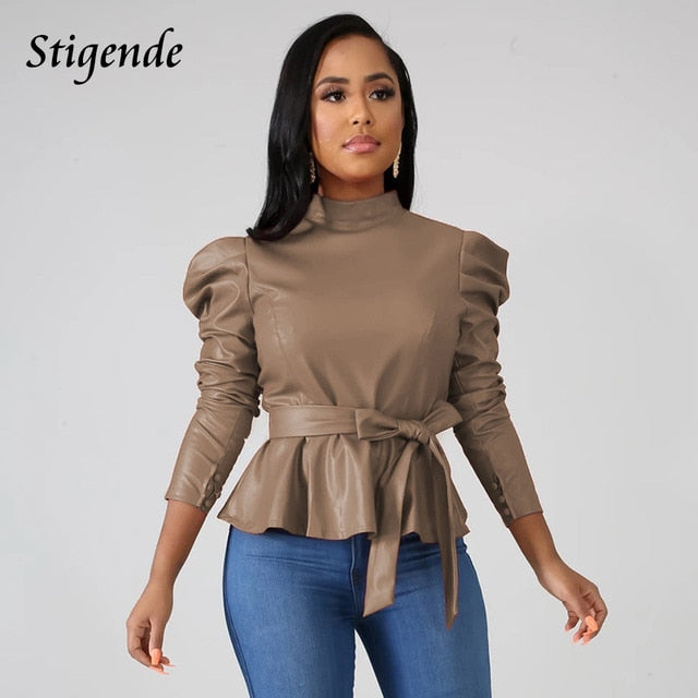 Stigende Women Long Sleeve Leather Pu Blouse Shirt Casual Solid Color Stand Neck Ruffle Shirts Autumn Faux Leather Frill Blouse