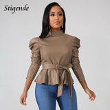 Stigende Women Long Sleeve Leather Pu Blouse Shirt Casual Solid Color Stand Neck Ruffle Shirts Autumn Faux Leather Frill Blouse