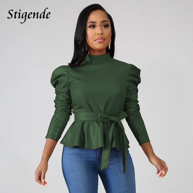 Stigende Women Long Sleeve Leather Pu Blouse Shirt Casual Solid Color Stand Neck Ruffle Shirts Autumn Faux Leather Frill Blouse
