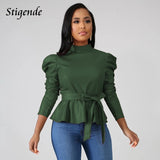 Stigende Women Long Sleeve Leather Pu Blouse Shirt Casual Solid Color Stand Neck Ruffle Shirts Autumn Faux Leather Frill Blouse