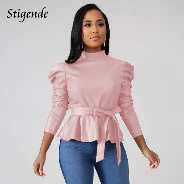 Stigende Women Long Sleeve Leather Pu Blouse Shirt Casual Solid Color Stand Neck Ruffle Shirts Autumn Faux Leather Frill Blouse