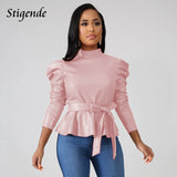 Stigende Women Long Sleeve Leather Pu Blouse Shirt Casual Solid Color Stand Neck Ruffle Shirts Autumn Faux Leather Frill Blouse