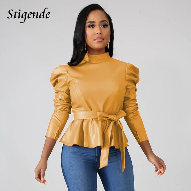 Stigende Women Long Sleeve Leather Pu Blouse Shirt Casual Solid Color Stand Neck Ruffle Shirts Autumn Faux Leather Frill Blouse
