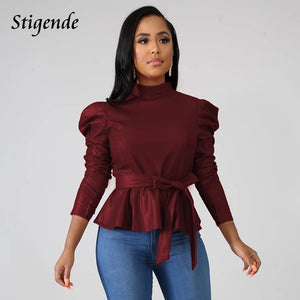Stigende Women Long Sleeve Leather Pu Blouse Shirt Casual Solid Color Stand Neck Ruffle Shirts Autumn Faux Leather Frill Blouse