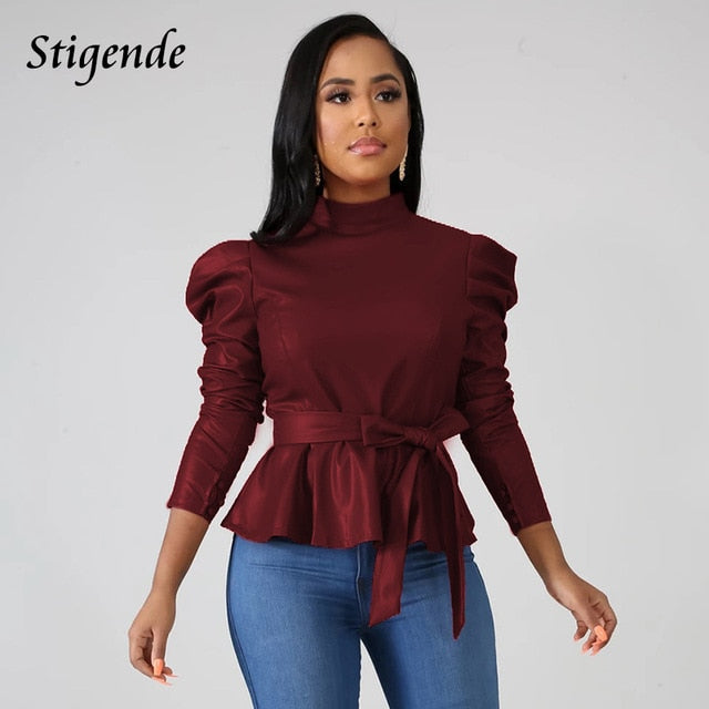 Stigende Women Long Sleeve Leather Pu Blouse Shirt Casual Solid Color Stand Neck Ruffle Shirts Autumn Faux Leather Frill Blouse