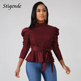 Stigende Women Long Sleeve Leather Pu Blouse Shirt Casual Solid Color Stand Neck Ruffle Shirts Autumn Faux Leather Frill Blouse