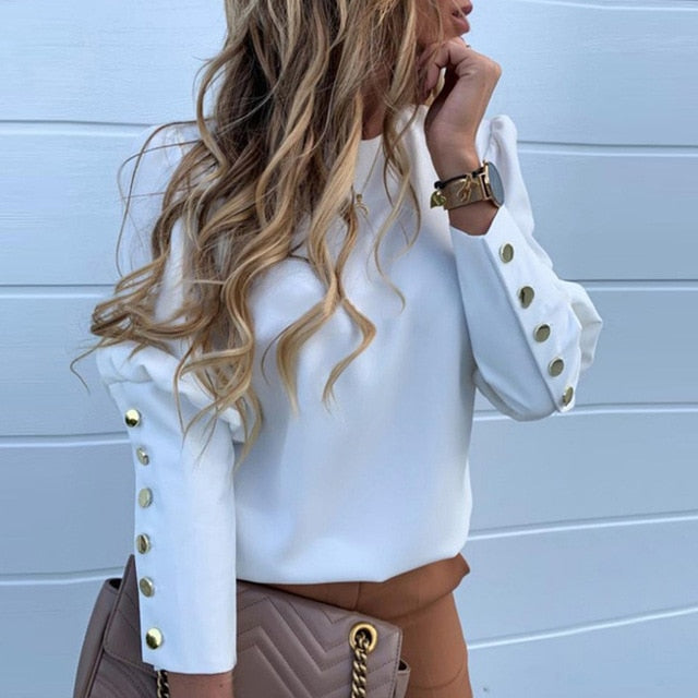 3XL Women Back Metal Buttons Blouse Office Lady Casual O Neck solid Long Sleeve Shirt tops Elegant Autumn pullover Drop Shipping