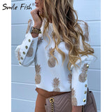 Buttons Puff Sleeve Shirts Letters Pineapple Chain Printed Top Women Autumn White Blouses Long Sleeve Spring Blusas Oversize 3XL