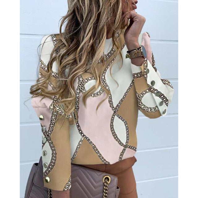 Buttons Puff Sleeve Shirts Letters Pineapple Chain Printed Top Women Autumn White Blouses Long Sleeve Spring Blusas Oversize 3XL