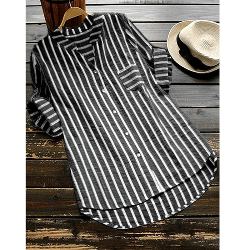 Women Shirts Stripe Half Long Sleeve V Neck Cotton Linen Buttons Blouse Loose Elegant Summer Autumn Casual Long Tops Tunic S-5XL