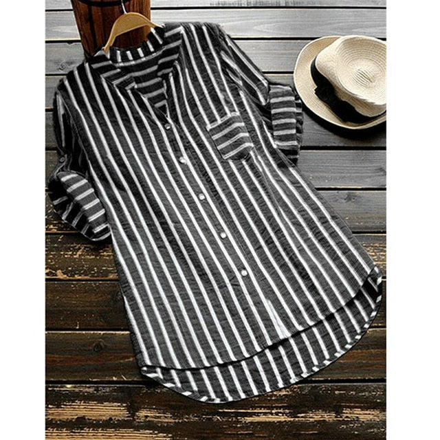 Women Shirts Stripe Half Long Sleeve V Neck Cotton Linen Buttons Blouse Loose Elegant Summer Autumn Casual Long Tops Tunic S-5XL