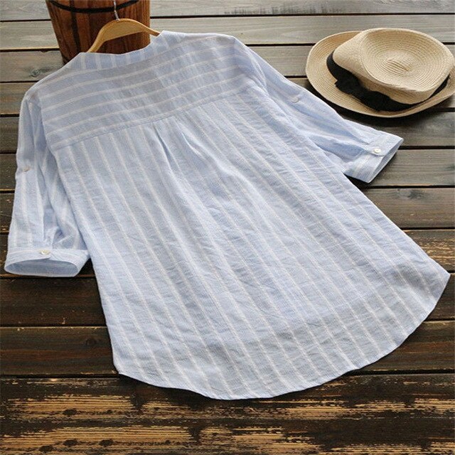 Women Shirts Stripe Half Long Sleeve V Neck Cotton Linen Buttons Blouse Loose Elegant Summer Autumn Casual Long Tops Tunic S-5XL