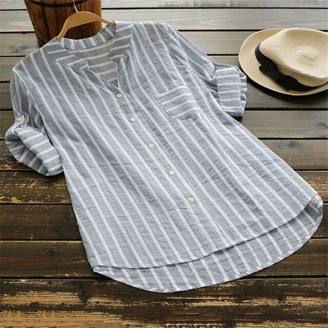 Women Shirts Stripe Half Long Sleeve V Neck Cotton Linen Buttons Blouse Loose Elegant Summer Autumn Casual Long Tops Tunic S-5XL