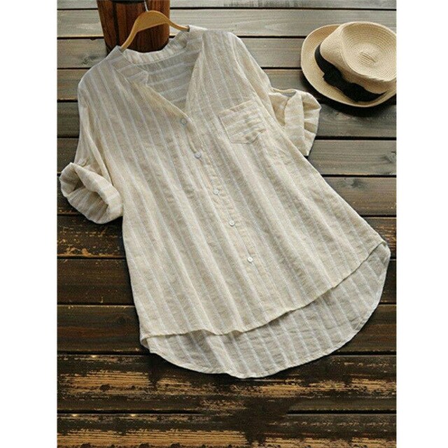 Women Shirts Stripe Half Long Sleeve V Neck Cotton Linen Buttons Blouse Loose Elegant Summer Autumn Casual Long Tops Tunic S-5XL