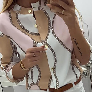 Autumn Women Elegant Blouse Casual Top 2019 New Female O-Neck Basic Shirt Adjustable Sleeve Chains Print Button Blouses
