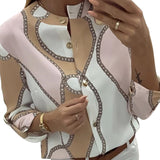 Autumn Women Elegant Blouse Casual Top 2019 New Female O-Neck Basic Shirt Adjustable Sleeve Chains Print Button Blouses