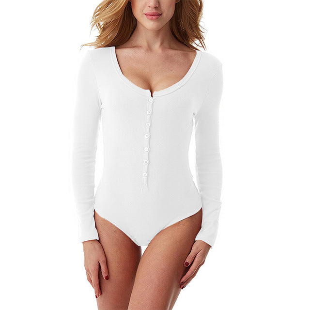 2019 New Single Breasted Slim Body Suit Sexy Combinaison Femme Buttons Womens Jumpsuit Black White Leotard Bodysuit For Women