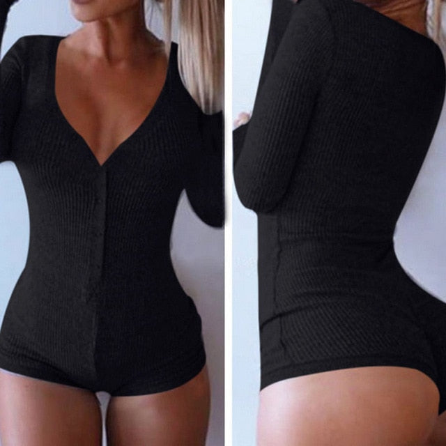 2017 Fashion Women Sexy Bodysuit Jumpsuit Rib Cotton Button V Neck Bodycon Winter Warm Overalls Combinaison Femme Dropshipping