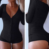 2017 Fashion Women Sexy Bodysuit Jumpsuit Rib Cotton Button V Neck Bodycon Winter Warm Overalls Combinaison Femme Dropshipping