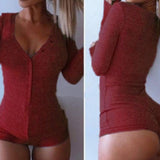 2017 Fashion Women Sexy Bodysuit Jumpsuit Rib Cotton Button V Neck Bodycon Winter Warm Overalls Combinaison Femme Dropshipping