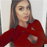 Sexy Hollow Out Tees Cross Bandage Crop Top Women Shirt Long Sleeve V-neck Tops Warm Shirts Clubwear Spring Autumn Blouse M0591