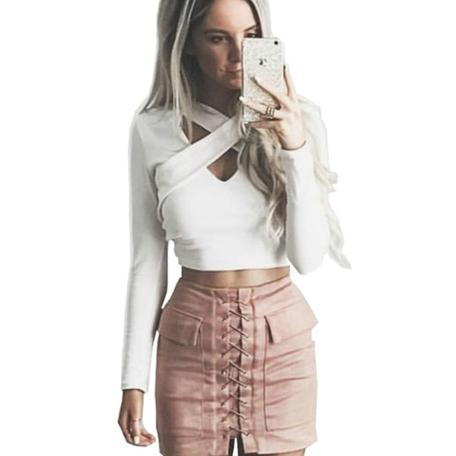 Sexy Hollow Out Tees Cross Bandage Crop Top Women Shirt Long Sleeve V-neck Tops Warm Shirts Clubwear Spring Autumn Blouse M0591