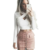 Sexy Hollow Out Tees Cross Bandage Crop Top Women Shirt Long Sleeve V-neck Tops Warm Shirts Clubwear Spring Autumn Blouse M0591