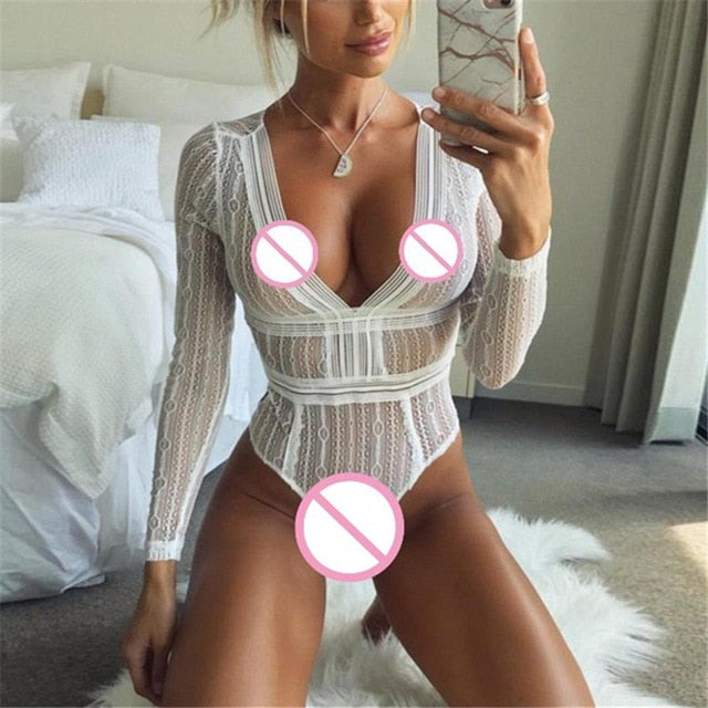 Lace Patchwork Backless Bodysuit Black/White Sexy Slim Long Sleeve Summer Bodysuits Sexy Romper Bodycon Combinaison Femme