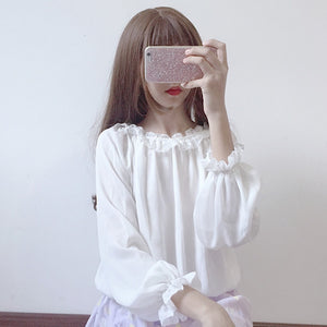 Spring ladies Lolita blouse New Japanese loose wild sweet lace lantern sleeves top women Harajuku long sleeve chiffon shirt