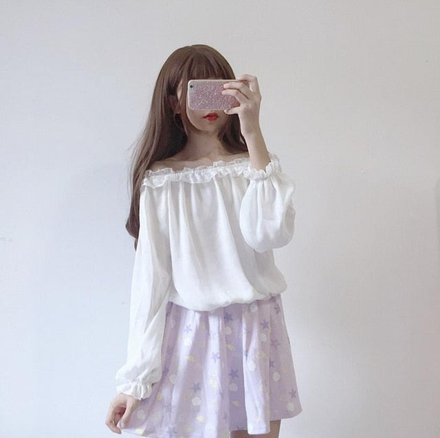 Spring ladies Lolita blouse New Japanese loose wild sweet lace lantern sleeves top women Harajuku long sleeve chiffon shirt