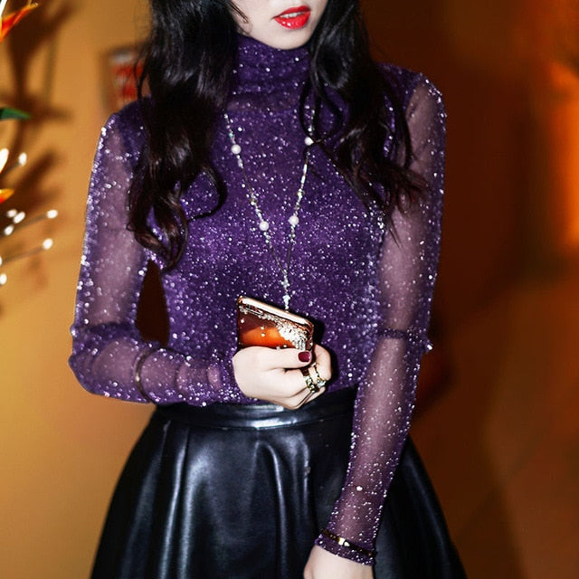 2019 Spring Summer Women's Sexy See Through Mesh Blouse Long Sleeve Transparent Shining Elegant Shirt Fashion Women Tops DF2417