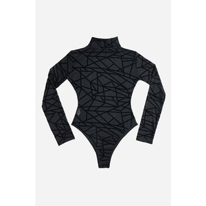 ADEWEL Night Club Sexy Women Bodysuit Black Sheer Mesh Long Sleeve Geometric Velvet Body Suit Combinaison Femme Jumpsuit Romper