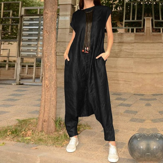 Women Jumpsuit ZANZEA 2019 Vintage Sleeveless Overalls Drop Crotch Rompers Wide Leg Trousers Long Playsuits Combinaison Femme 7